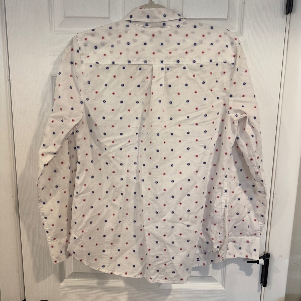 Talbots Womens Small White Cotton Button Down Shirt Red Blue Geometric Dot Print - Picture 8 of 8